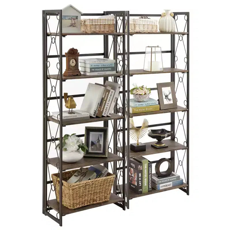 5-Tier Industrial Folding Bookshelf Storage Organizer for Living Room