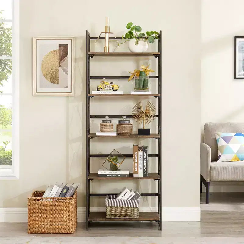 5-Tier Industrial Folding Bookshelf Storage Organizer for Living Room