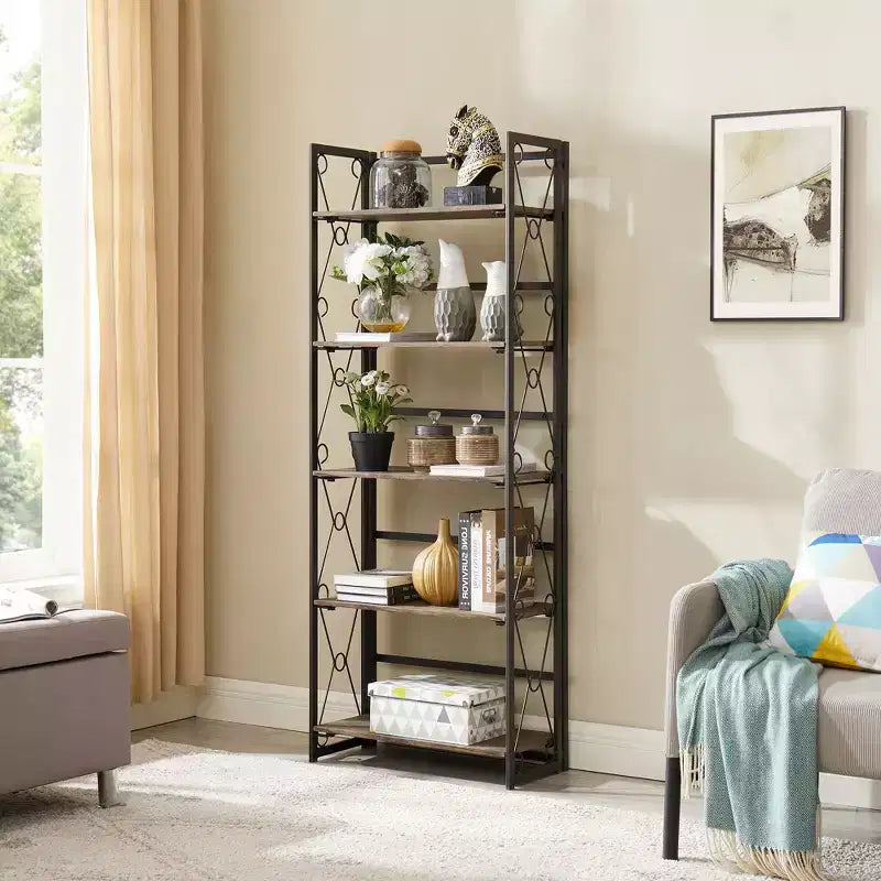 5-Tier Industrial Folding Bookshelf Storage Organizer for Living Room