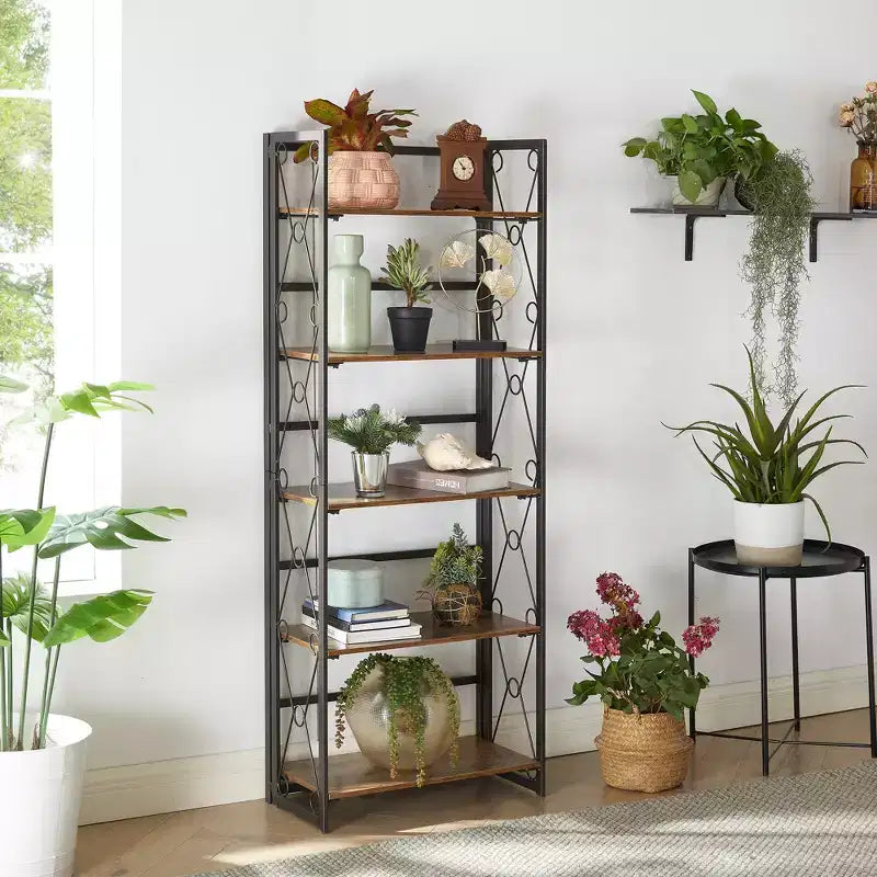 5-Tier Industrial Folding Bookshelf Storage Organizer for Living Room