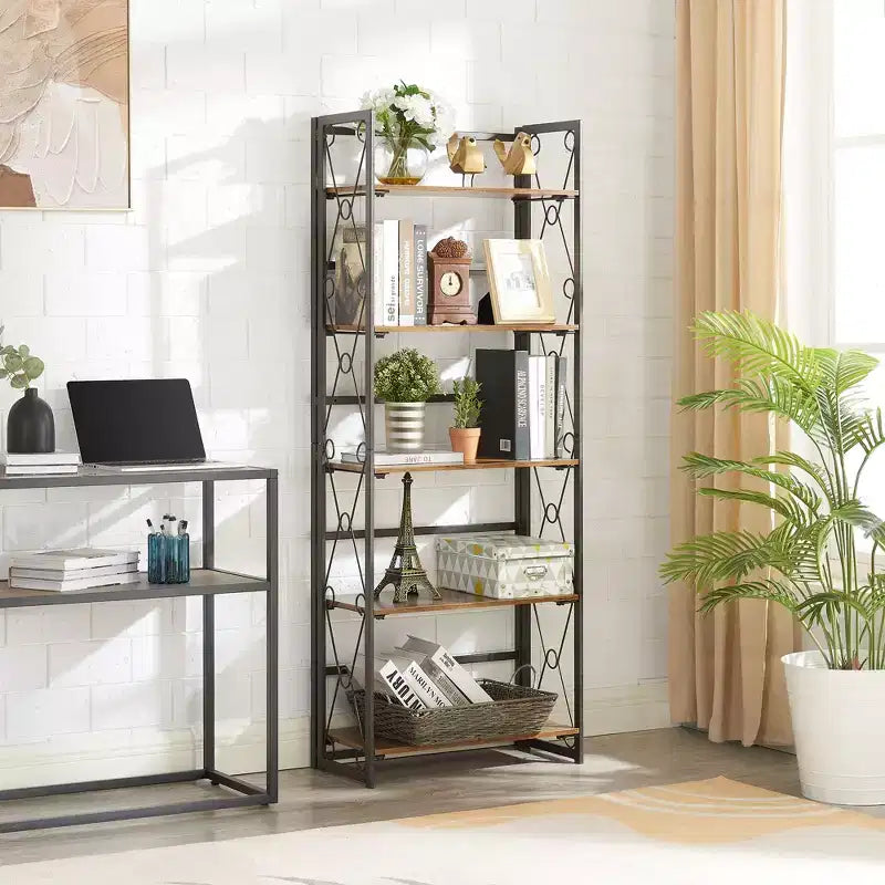 VECELO Folding Bookshelf, 5-Tier Bookcase, Industrial Tall Book Shelf Storage Organizer for Living Room, Brown/Walnut/Antique Brown