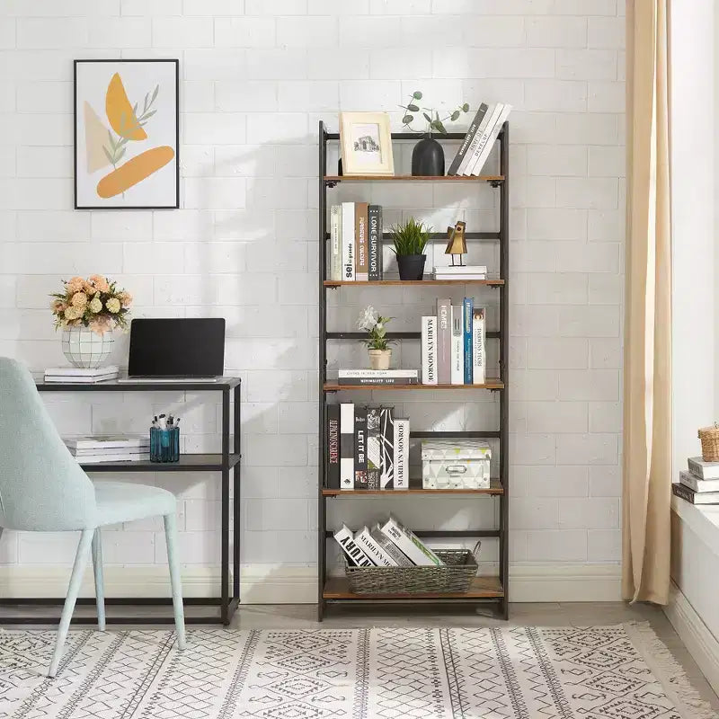 5-Tier Industrial Folding Bookshelf Storage Organizer for Living Room