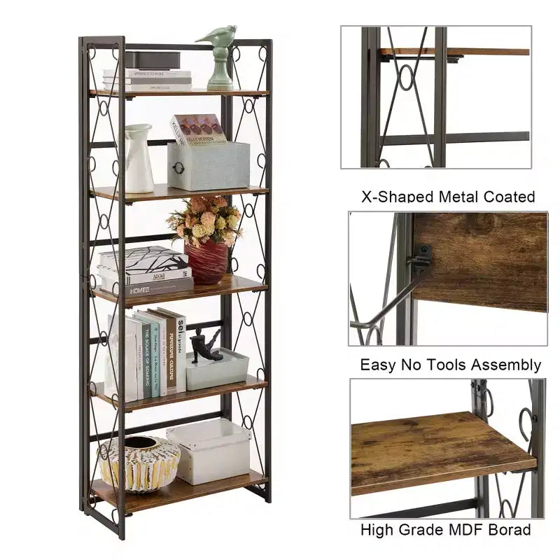 5-Tier Industrial Folding Bookshelf Storage Organizer for Living Room