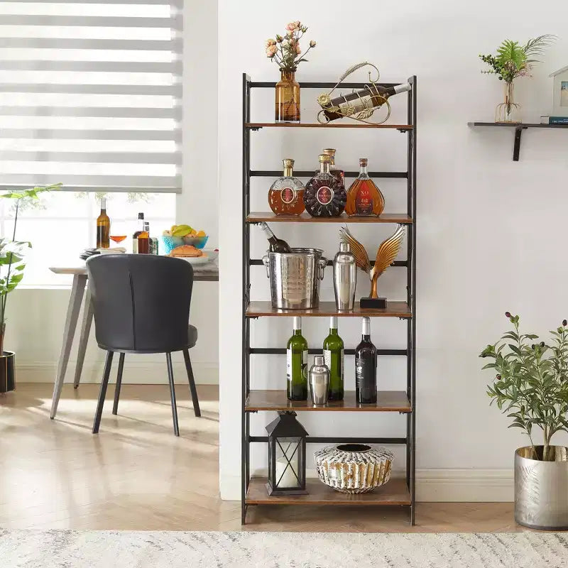 5-Tier Industrial Folding Bookshelf Storage Organizer for Living Room