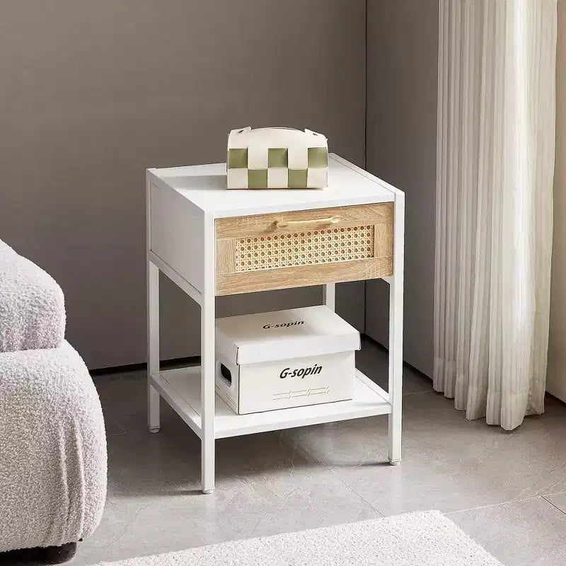 Rattan End Table with Drawer, Modern Nightstand with Metal Legs, White