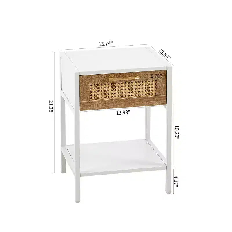 Rattan End Table with Drawer, Modern Nightstand with Metal Legs, White