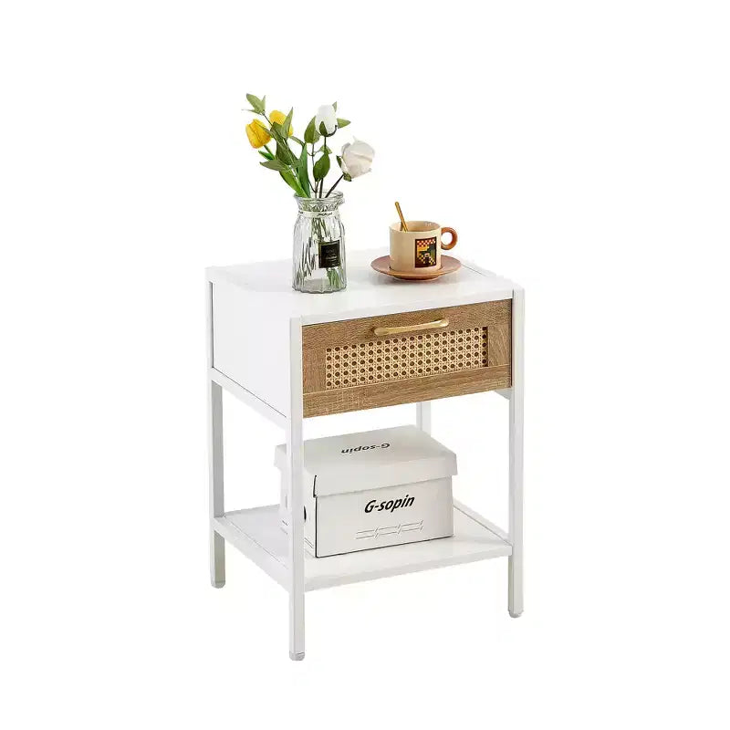 Rattan End Table with Drawer, Modern Nightstand with Metal Legs, White