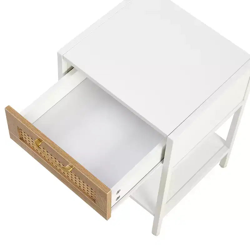 Rattan End Table with Drawer, Modern Nightstand with Metal Legs, White