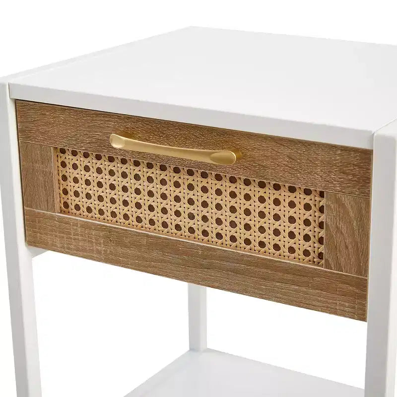 Rattan End Table with Drawer, Modern Nightstand with Metal Legs, White