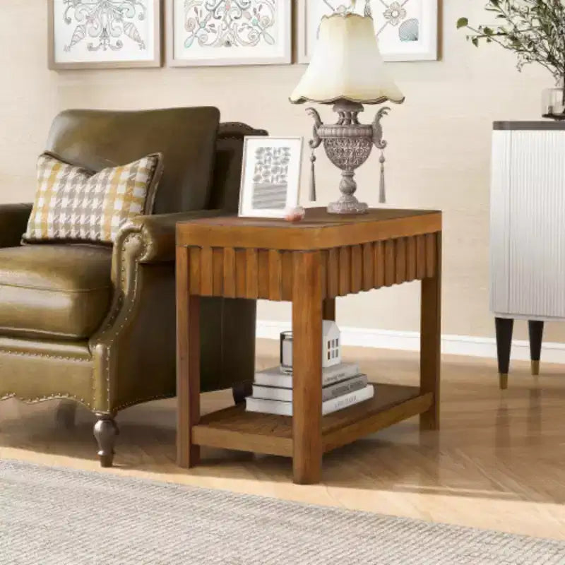 Rectangular Farmhouse End Table with Storage Shelf, Sofa Side Table with Solid Wood Legs for Living Room, Bedroom, Office, Walnut