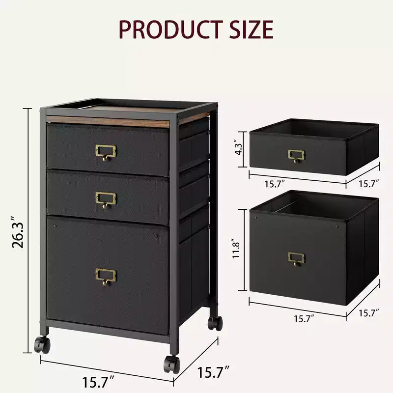 File Cabinet, Mobile Filing Cabinet Fits Letter Size or A4, Fabric File Cabinet on Wheels, Small Under Desk Storage Cabinet, Black