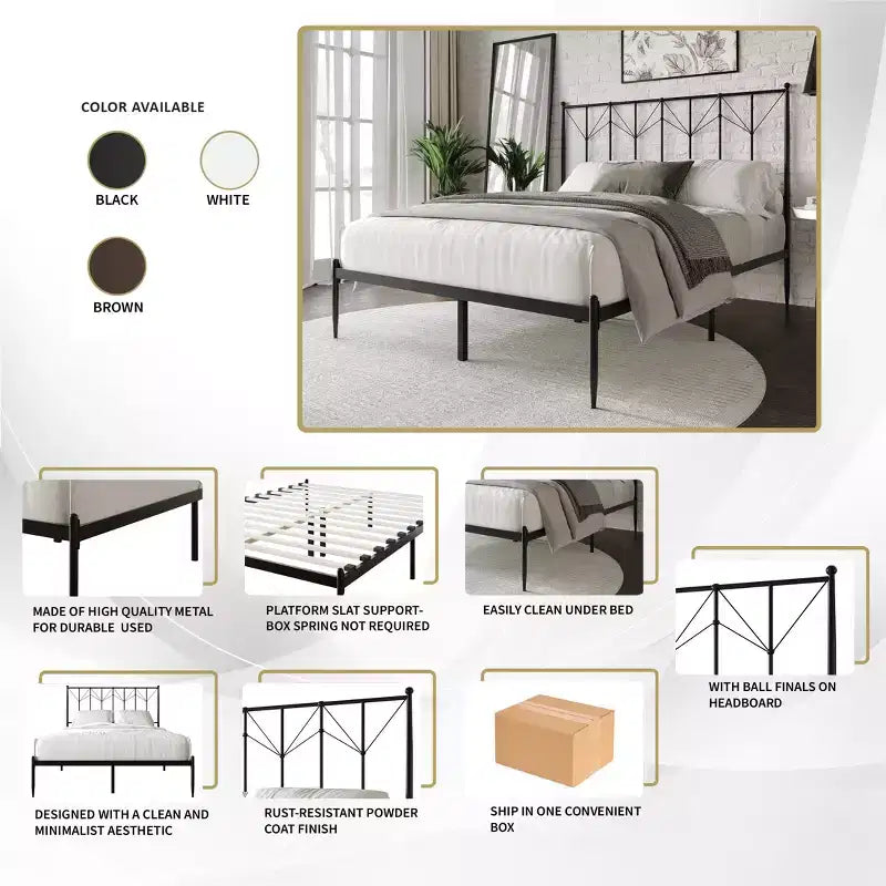 Metal Platform Bed with Decorative Ball Finials, No Box Spring Needed