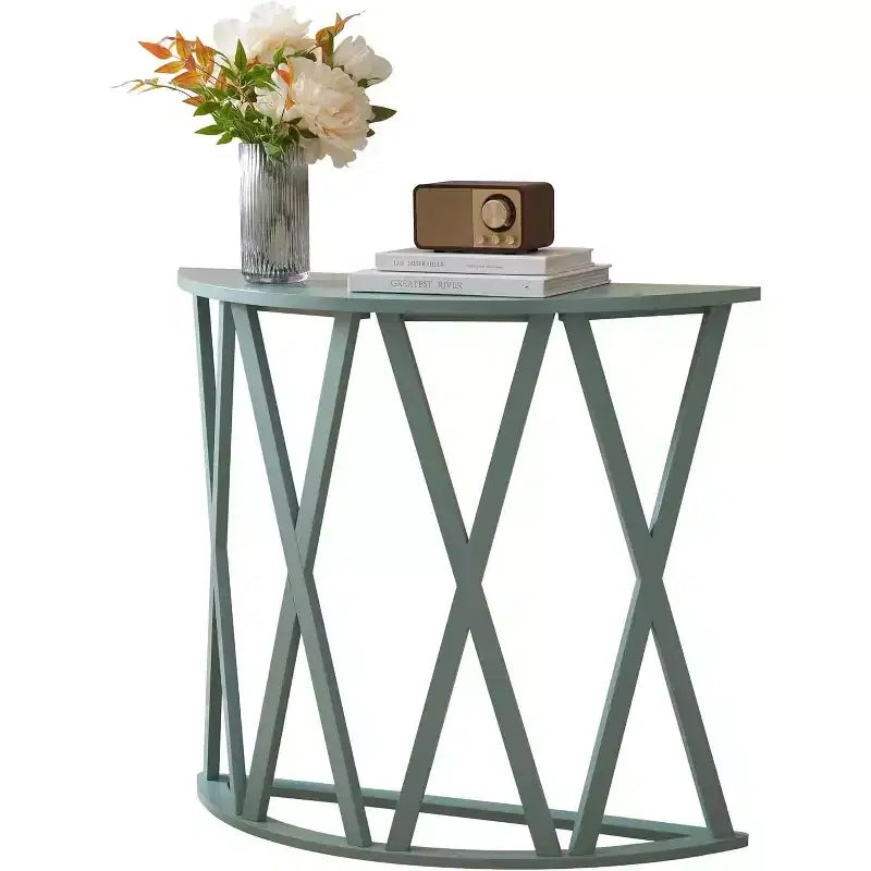 Half Moon Wood Console Table with X-Motif Design for Entryway, Living Room, Hallway