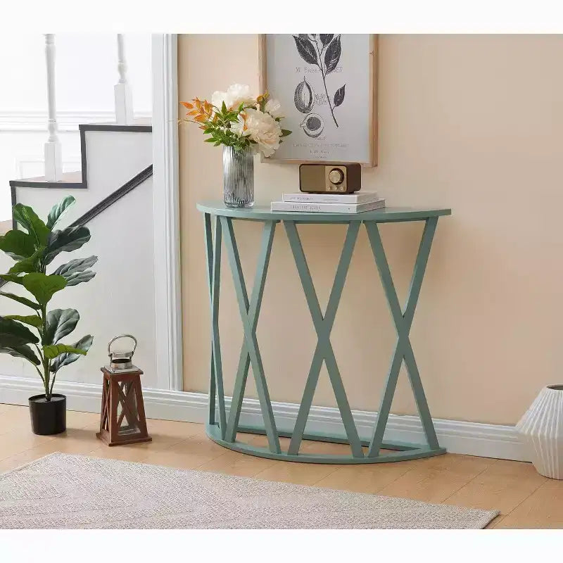 Half Moon Wood Console Table with X-Motif Design for Entryway, Living Room, Hallway
