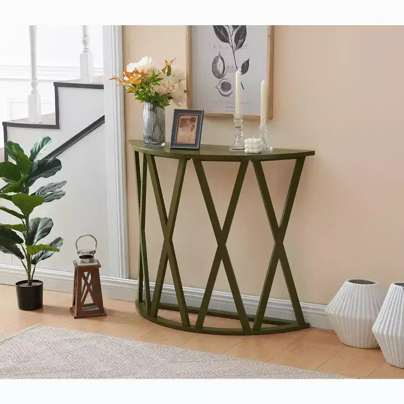 Half Moon Wood Console Table with X-Motif Design for Entryway, Living Room, Hallway