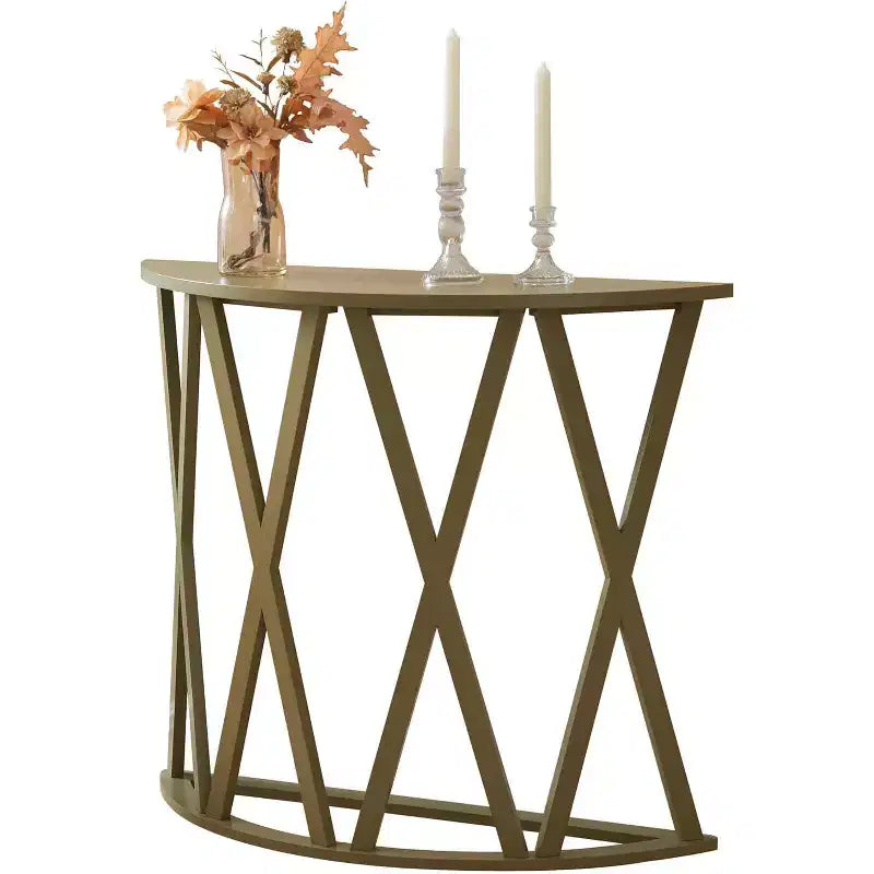 Half Moon Wood Console Table with X-Motif Design for Entryway, Living Room, Hallway