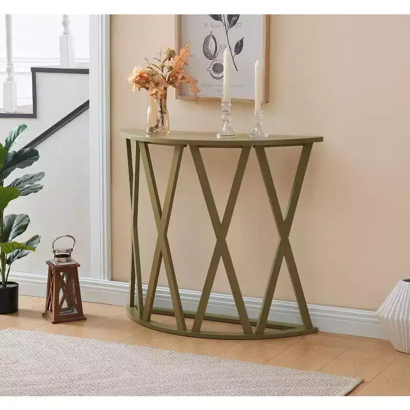 Half Moon Wood Console Table with X-Motif Design for Entryway, Living Room, Hallway