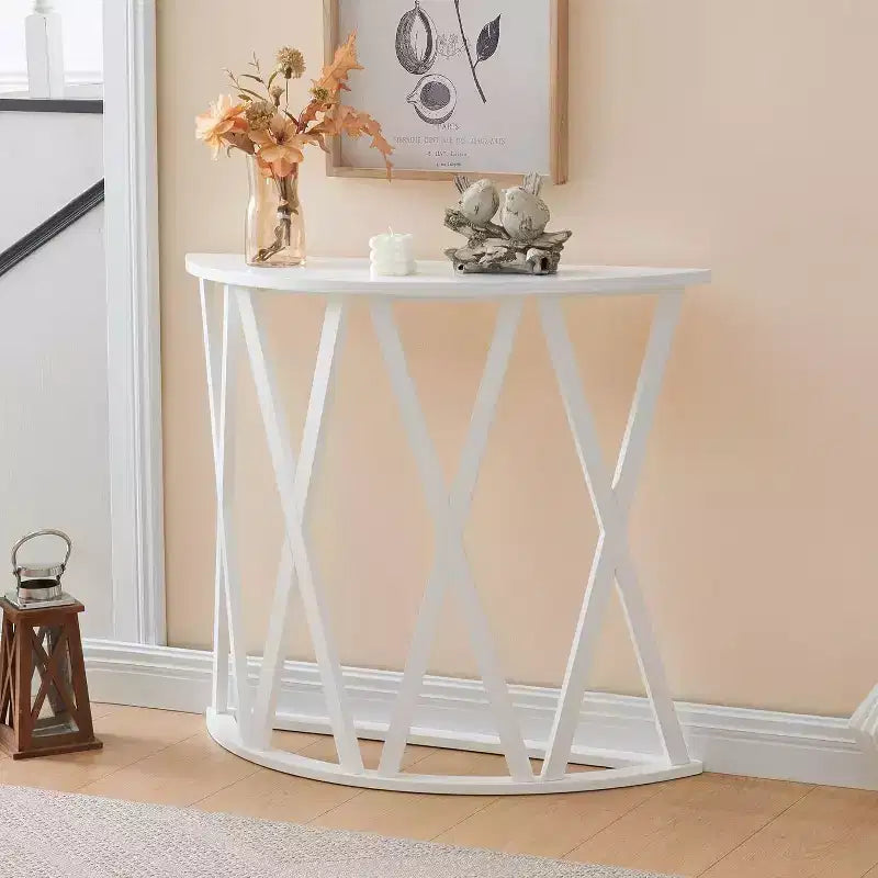 Half Moon Wood Console Table with X-Motif Design for Entryway, Living Room, Hallway