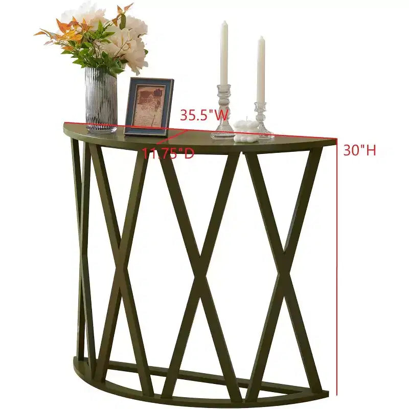 Half Moon Wood Console Table with X-Motif Design for Entryway, Living Room, Hallway