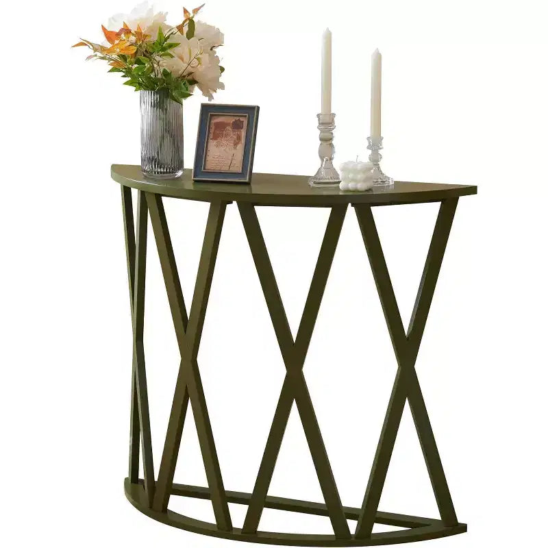 Half Moon Wood Console Table with X-Motif Design for Entryway, Living Room, Hallway