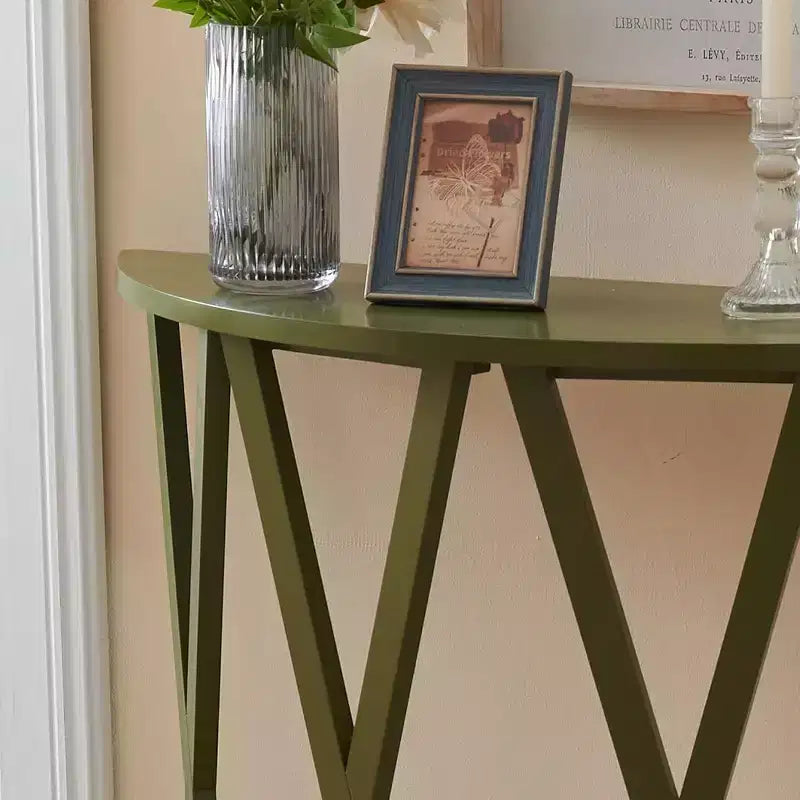Half Moon Wood Console Table with X-Motif Design for Entryway, Living Room, Hallway