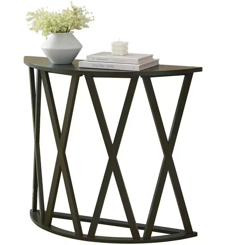 Half Moon Wood Console Table with X-Motif Design for Entryway, Living Room, Hallway