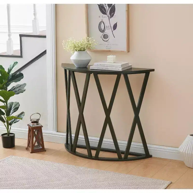 Half Moon Wood Console Table with X-Motif Design for Entryway, Living Room, Hallway
