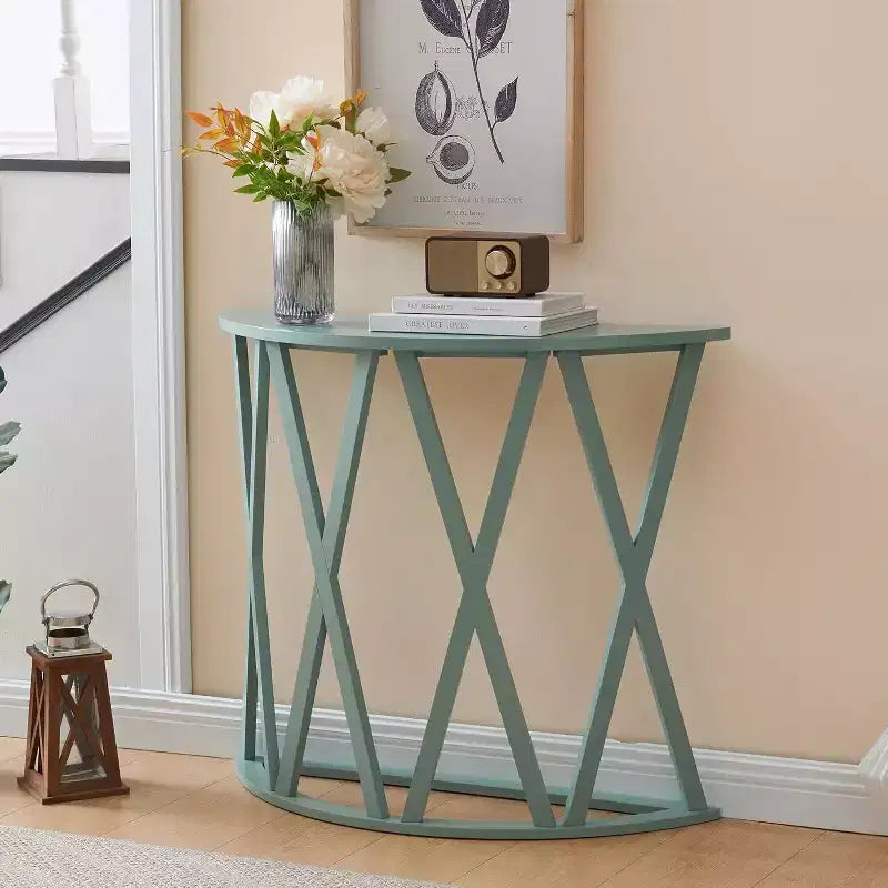 Half Moon Wood Console Table with X-Motif Design for Entryway, Living Room, Hallway