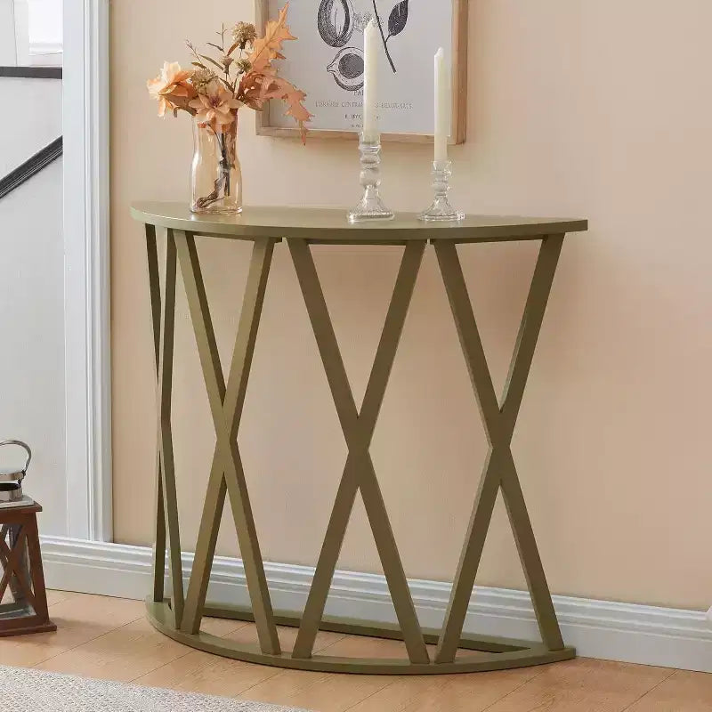 Half Moon Wood Console Table with X-Motif Design for Entryway, Living Room, Hallway