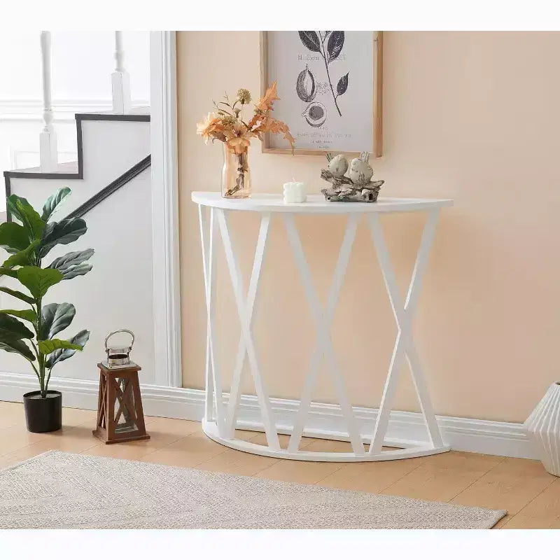 Half Moon Wood Console Table with X-Motif Design for Entryway, Living Room, Hallway