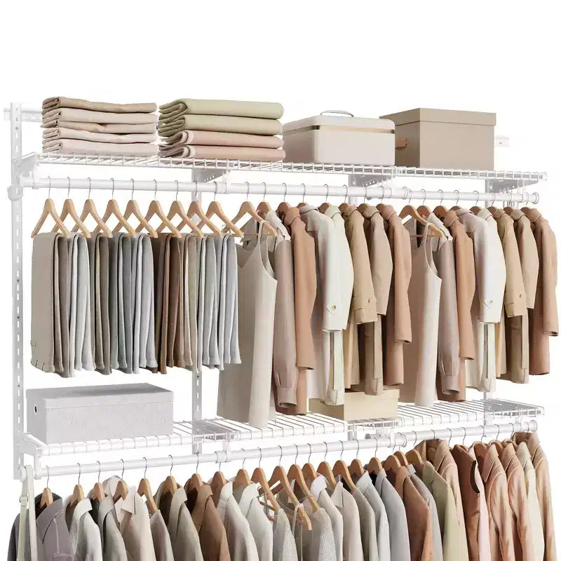 Sistema Organizer Regolabile per Armadio - Unità Scaffalatura in Metallo da 4-8 ft con 6 Aste e 6 Ripiani, Capacità 187 kg, Bianco Nuvola