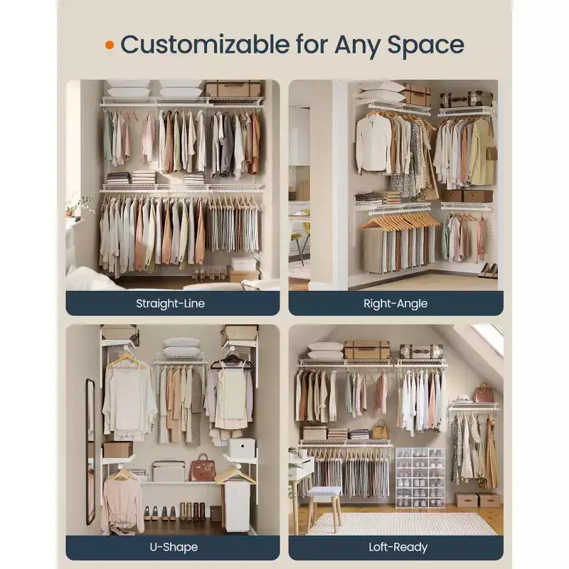 Adjustable Closet Organizer System - 4-8 ft Metal Shelving Unit with 6 Rods & 6 Shelves, 414 lb Capacity, Cloud White