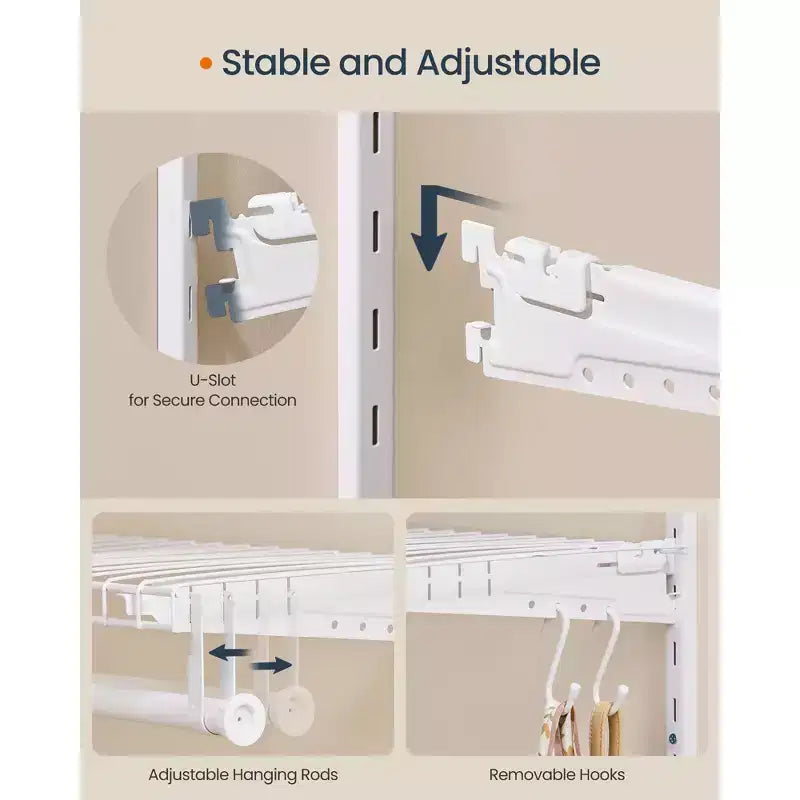 Adjustable Closet Organizer System - 4-8 ft Metal Shelving Unit with 6 Rods & 6 Shelves, 414 lb Capacity, Cloud White