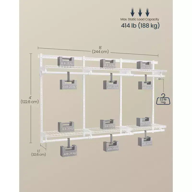 Adjustable Closet Organizer System - 4-8 ft Metal Shelving Unit with 6 Rods & 6 Shelves, 414 lb Capacity, Cloud White