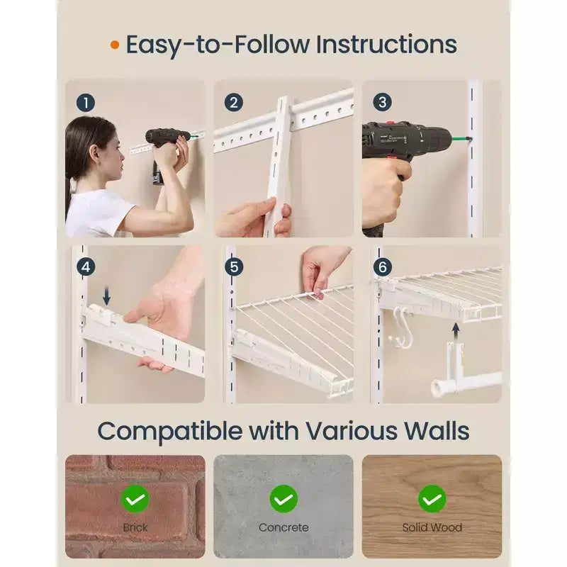 Adjustable Closet Organizer System - 4-8 ft Metal Shelving Unit with 6 Rods & 6 Shelves, 414 lb Capacity, Cloud White