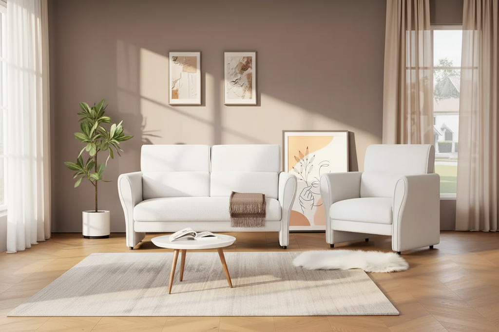 Loveseat Sofa for Living Room, Modern Boucle Upholstered Couch with Lumbar Pillow, Deep Seat Loveseat