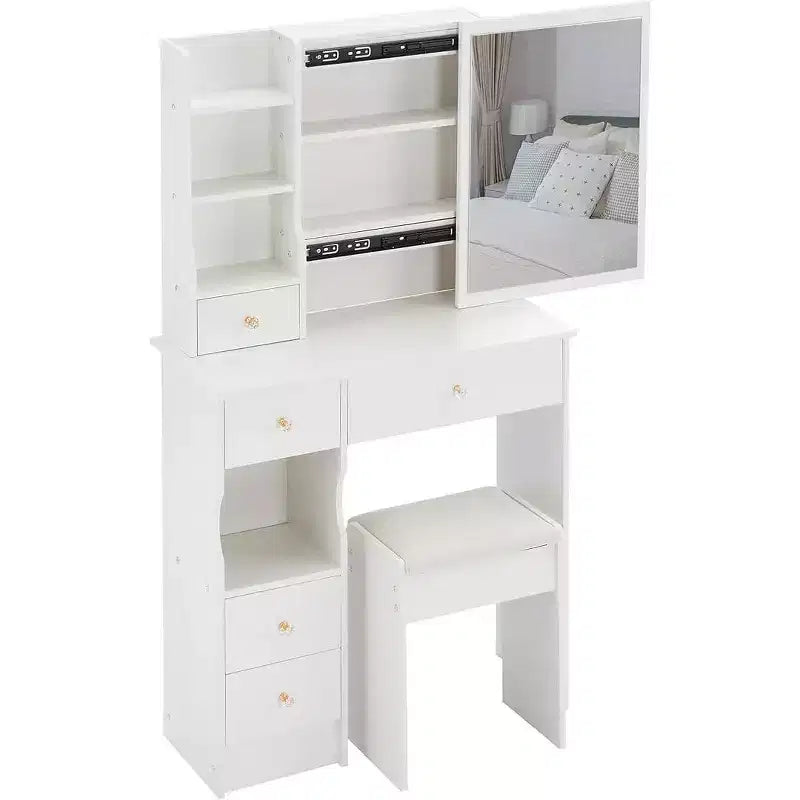 Left Drawer Desktop Vanity Table with Cushioned Stool, Extra Large Sliding Mirror, Multi-Layer Storage
