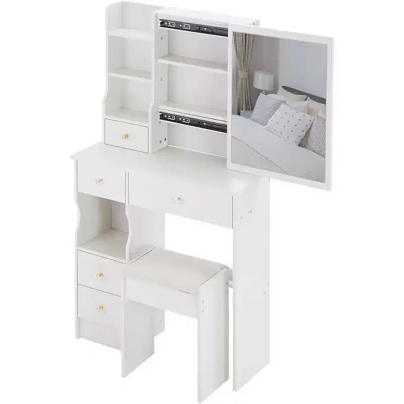 Left Drawer Desktop Vanity Table with Cushioned Stool, Extra Large Sliding Mirror, Multi-Layer Storage