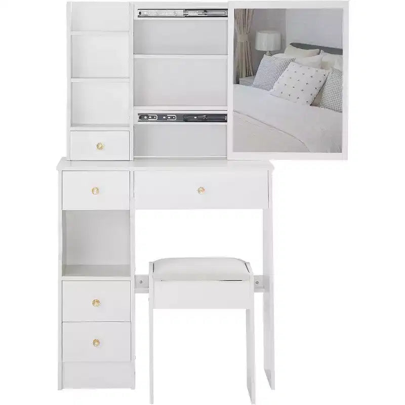 Left Drawer Desktop Vanity Table with Cushioned Stool, Extra Large Sliding Mirror, Multi-Layer Storage