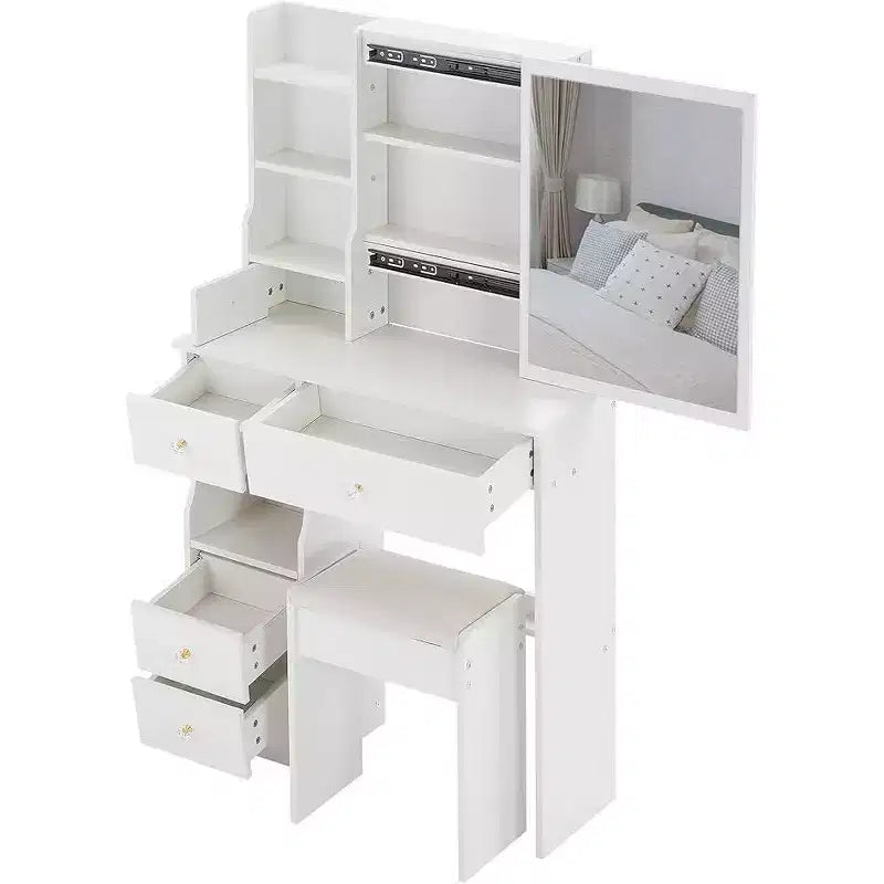 Left Drawer Desktop Vanity Table with Cushioned Stool, Extra Large Sliding Mirror, Multi-Layer Storage
