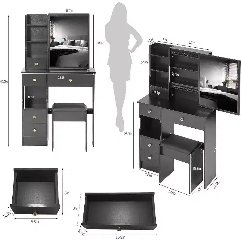 Left Drawer Desktop Vanity Table with Cushioned Stool, Extra Large Sliding Mirror, Multi-Layer Storage