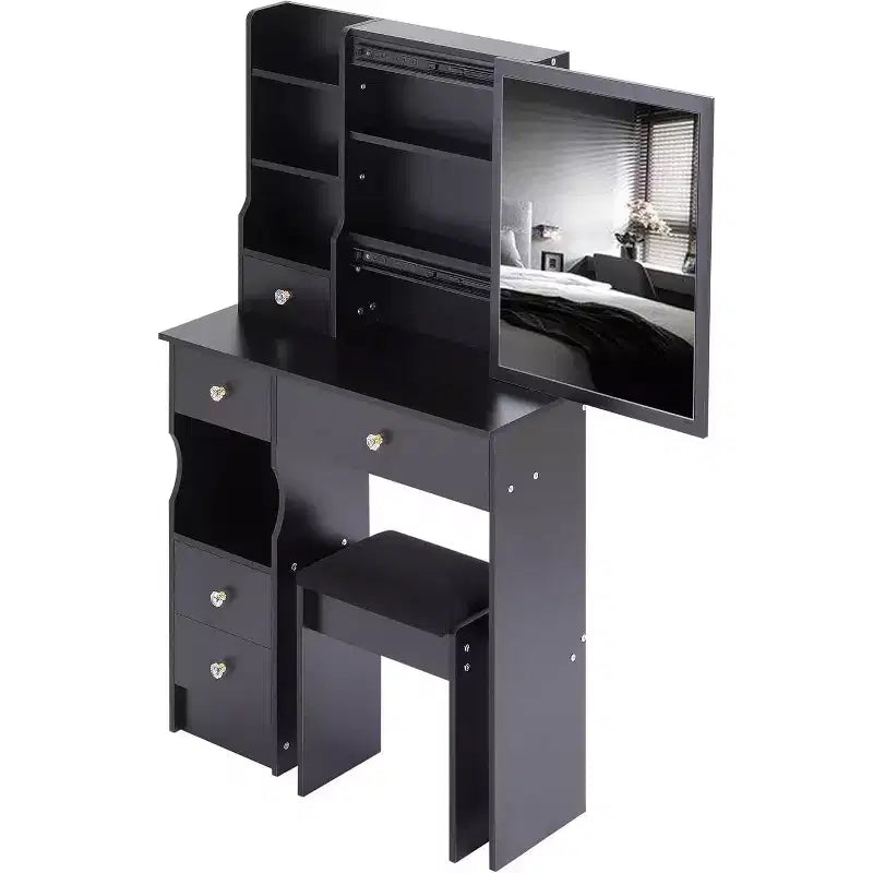 Left Drawer Desktop Vanity Table with Cushioned Stool, Extra Large Sliding Mirror, Multi-Layer Storage