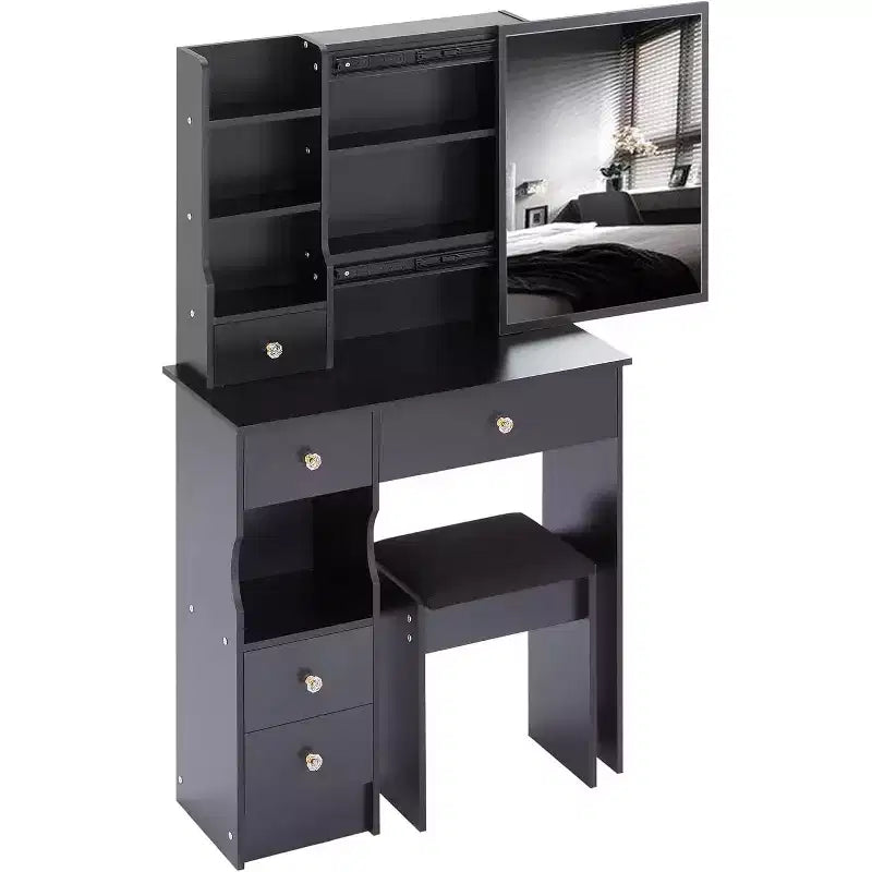 Left Drawer Desktop Vanity Table with Cushioned Stool, Extra Large Sliding Mirror, Multi-Layer Storage