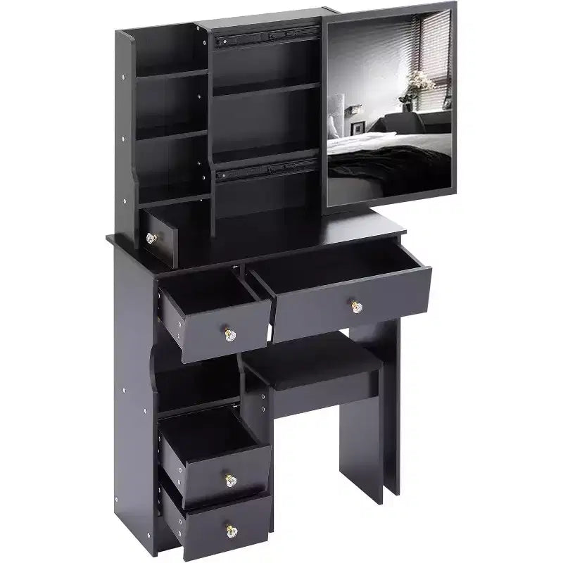Left Drawer Desktop Vanity Table with Cushioned Stool, Extra Large Sliding Mirror, Multi-Layer Storage