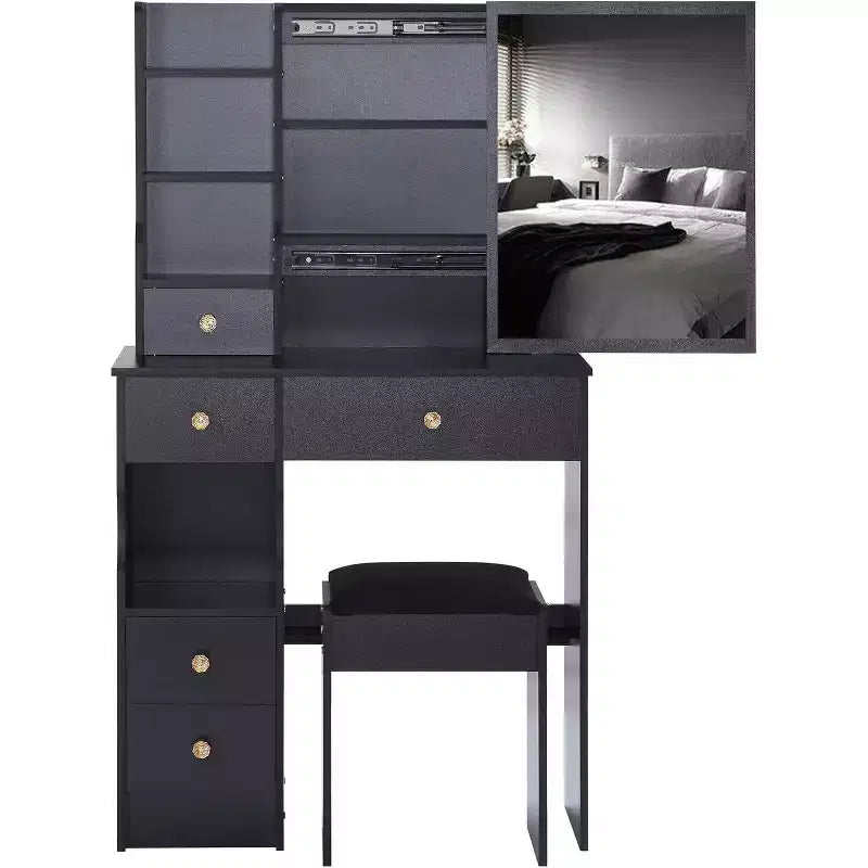 Left Drawer Desktop Vanity Table with Cushioned Stool, Extra Large Sliding Mirror, Multi-Layer Storage