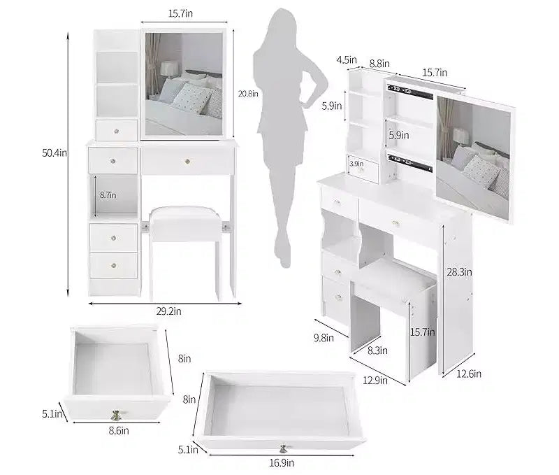 Left Drawer Desktop Vanity Table with Cushioned Stool, Extra Large Sliding Mirror, Multi-Layer Storage