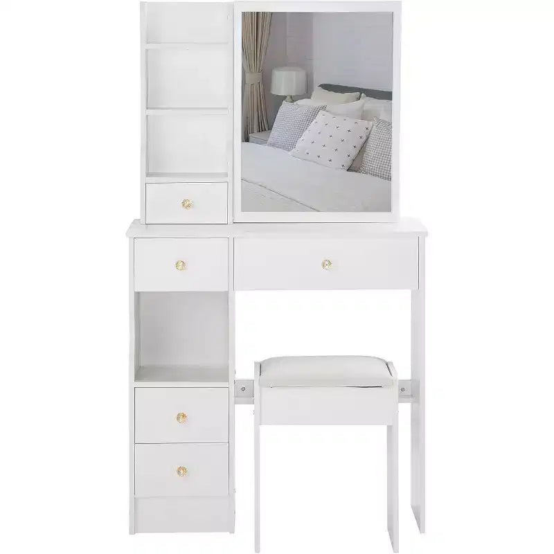 Left Drawer Desktop Vanity Table with Cushioned Stool, Extra Large Sliding Mirror, Multi-Layer Storage