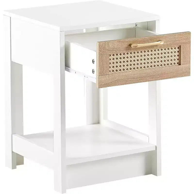 Rattan Nightstand with Lift-Top and Open Storage, Mid Century Modern End Table with Retro Handle for Bedroom and Living Room