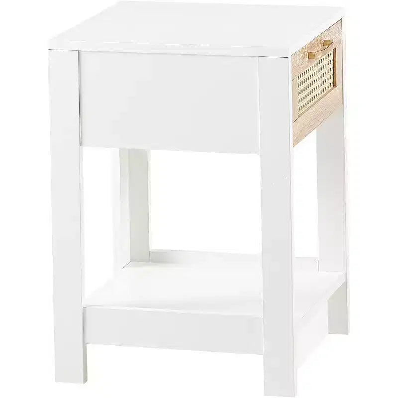 Rattan Nightstand with Lift-Top and Open Storage, Mid Century Modern End Table with Retro Handle for Bedroom and Living Room