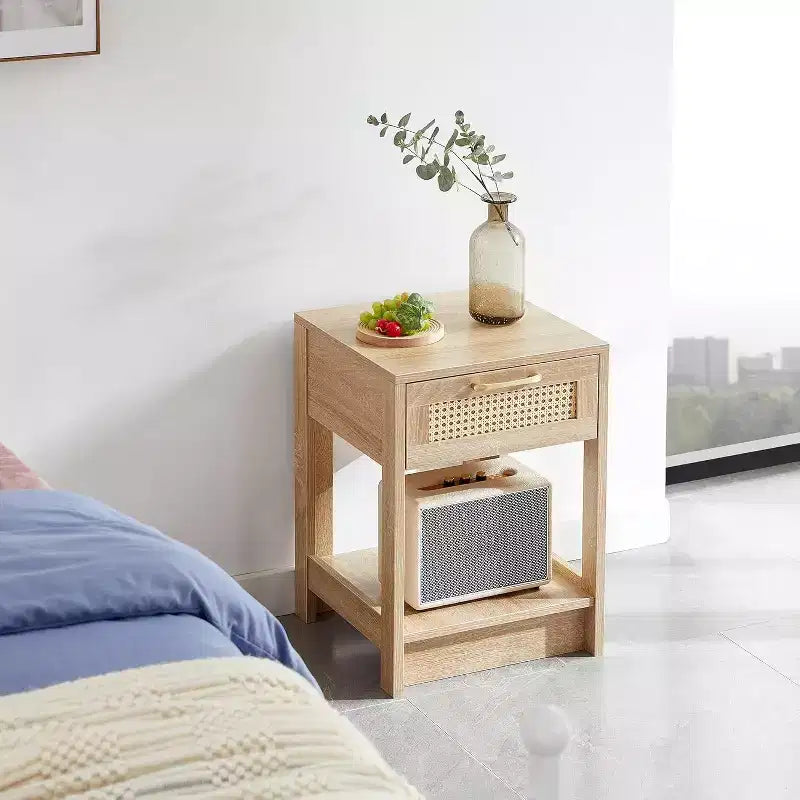 Rattan Nightstand with Lift-Top and Open Storage, Mid Century Modern End Table with Retro Handle for Bedroom and Living Room